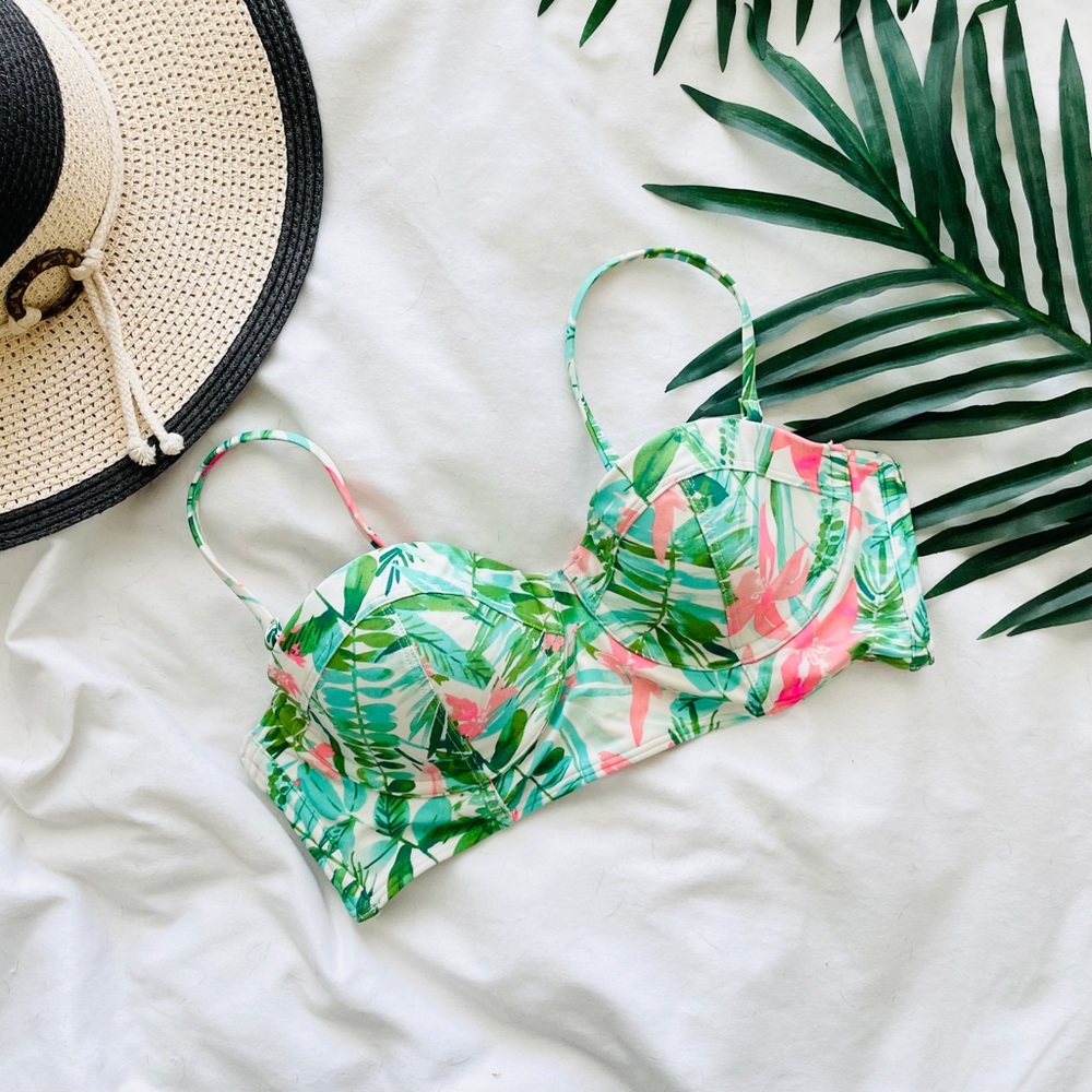 Only Navy Tropical Palm Print Bustier Bikini Swim